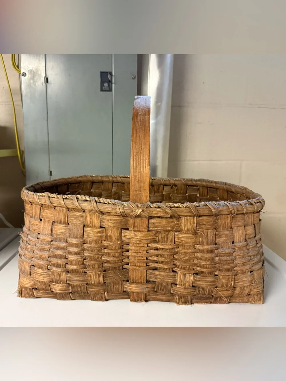 Vintage Hand Crafted Woven Rectangular Basket with Handle Rustic Farmhouse